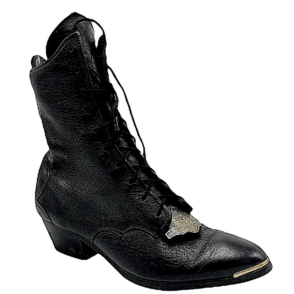 Vintage black leather granny roper ankle boots size 7 silver tip western